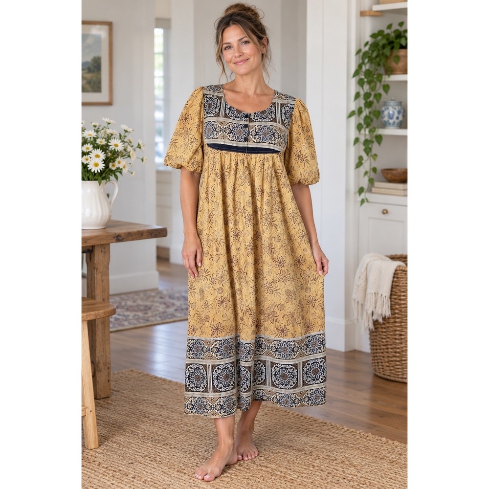 Loungees House Dress Caftan Cotton Sz S Tan Navy Contrast Print Cotton Pockets